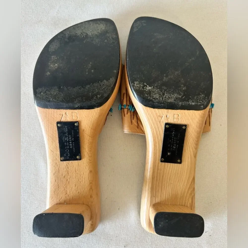 Cole Haan Resort leather turquoise bead boho slide shoe wooden sole. Italy 7.5